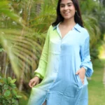 Ombre Breeze Modal Knee Length Shirt Dress with Pockets | Lime to Sky | Hand-Dyed | Sustainable | Lightweight