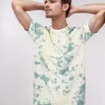 Men's Tie Dye Cotton T-shirt with Typography- Yellow and Teal