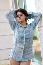 Women's Tie Dye Premium Semi Sheer Organza Shirt- Teal - Image 2