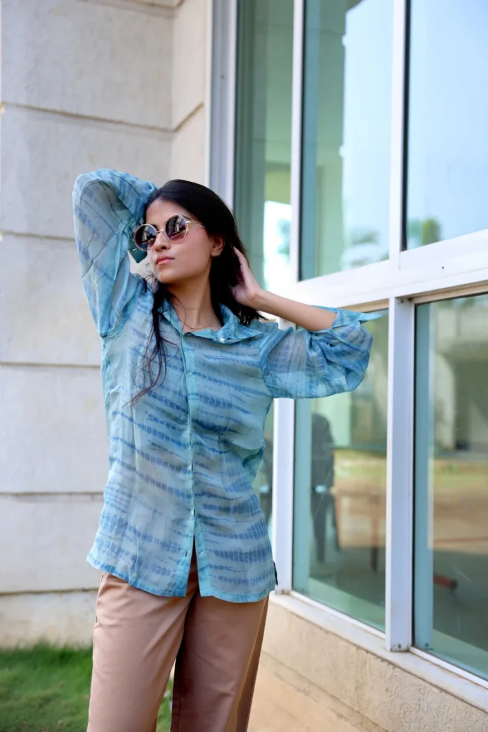 Women's Tie Dye Premium Semi Sheer Organza Shirt- Teal - Image 1