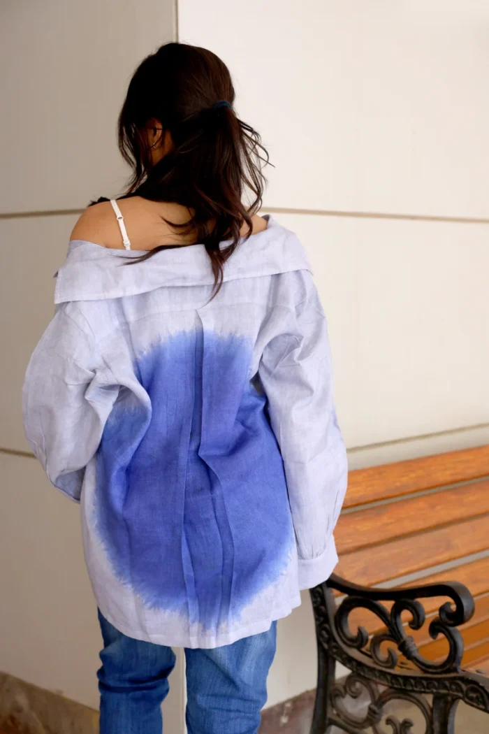 Women's Luxe Linen Ombré Shirt- Grey and Blue - Image 3
