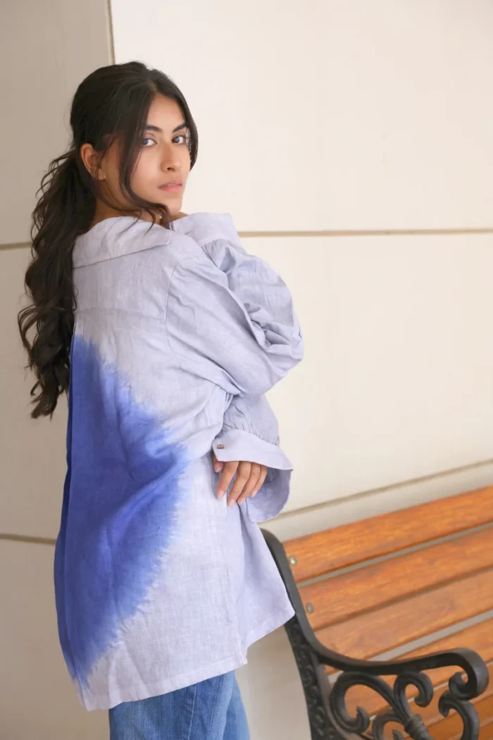 Women's Luxe Linen Ombré Shirt- Grey and Blue - Image 4