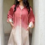 Coral to Cream Ombre Modal Knee Length Shirt Dress with Pockets | Sunset Sway | Hand-Dyed | Lightweight