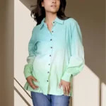 Hand-Dyed Mint Green Ombre Linen Shirt for Women | Mint Whisper | Premium Handcrafted | Sustainable Fashion India