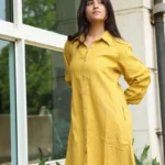 Mustard Linen Knee Length Shirt Dress with Pockets | Golden Hour | Hand-Dyed | Sustainable