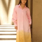 Pink to Mustard Ombre Linen Shirt Dress | With Pockets | Calf Length | Sunset Bloom Ombre | Hand-Dyed | Sustainable