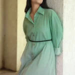 Seafoam Green Linen Shirt Dress | With Pockets | Calf Length | Relaxed Fit