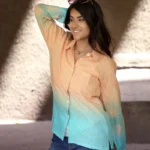 Hand-Dyed Peach and Blue Ombre Linen Shirt for Women | Peach Wave | Premium Handcrafted