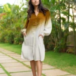 Mustard to Ivory Ombre Modal Knee Length Shirt Dress with Pockets | Amber | Hand-Dyed | Lightweight